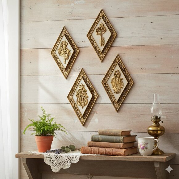 Set of 4 Vintage Syroco Hollywood Regency Ornate Faux Wood Diamond Wall Plaques - Picture 1 of 8